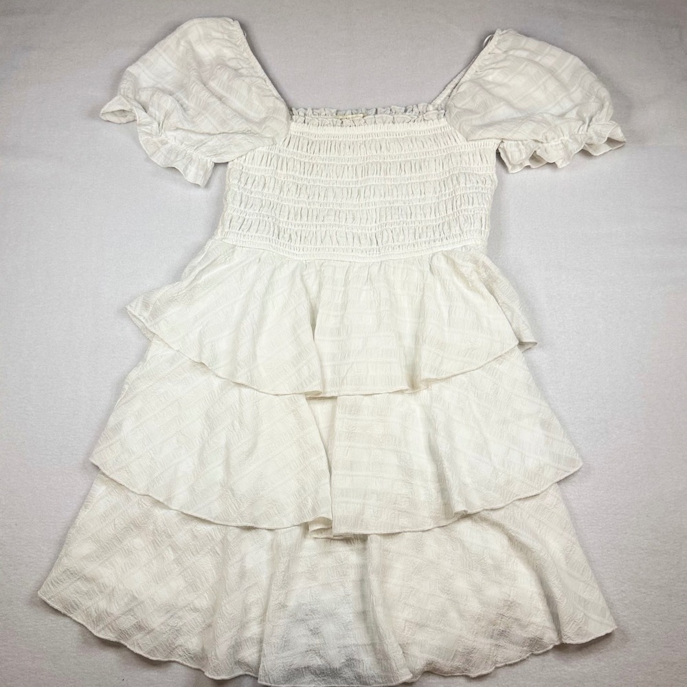 Thirty Three L/A White Smocked Tiered Puff Sleeve Mini Dress Size L 6EKUW753